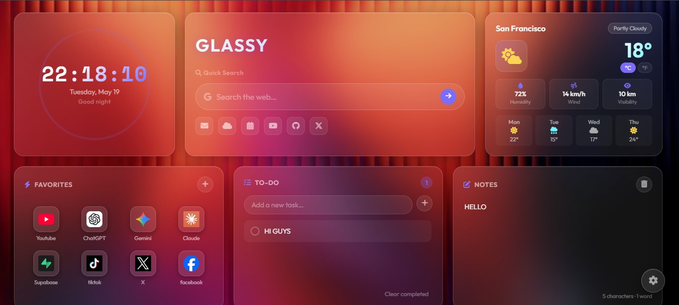 Glassy dashboard with widgets