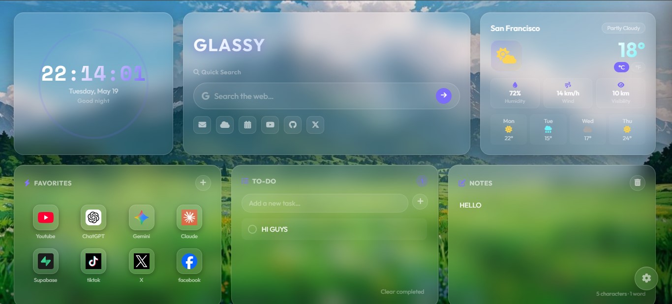 Glassy dashboard with widgets