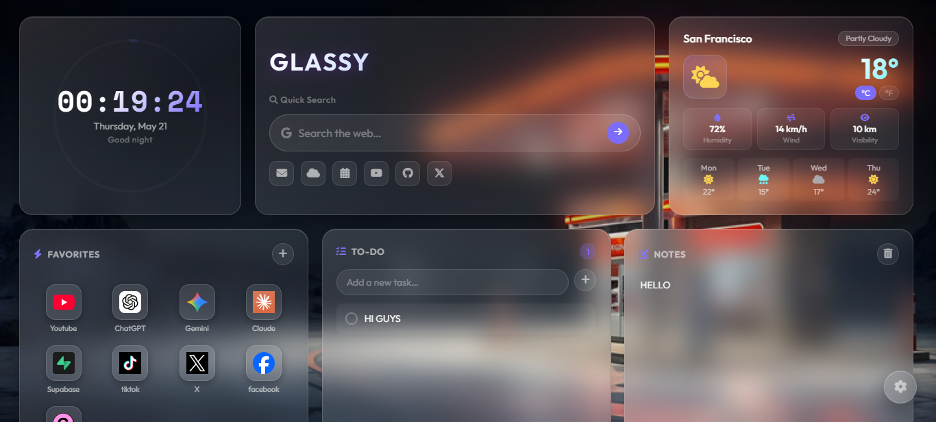 Glassy notes and shortcuts panel